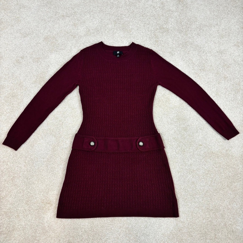 IZ Byer Burgundy Cable Knit Sweater Dress Long Sleeve Button Detail Womens‎ Med